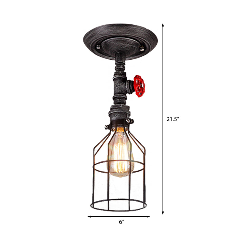 Warehouse Wire Cage Semi Flush Mount Light with Valve Wheel 1 Bulb Wrought Iron Ceiling Lighting in Aged Silver Clearhalo 'Ceiling Lights' 'Close To Ceiling Lights' 'Close to ceiling' 'Semi-flushmount' Lighting' 139925