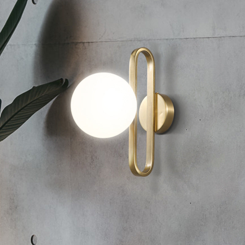Opal Glass Sphere Sconce Light Simplicity Single Light Gold Wall Lighting Idea with Oblong Decor Gold Clearhalo 'Cast Iron' 'Glass' 'Industrial' 'Modern wall lights' 'Modern' 'Tiffany' 'Traditional wall lights' 'Wall Lamps & Sconces' 'Wall Lights' Lighting' 1399314