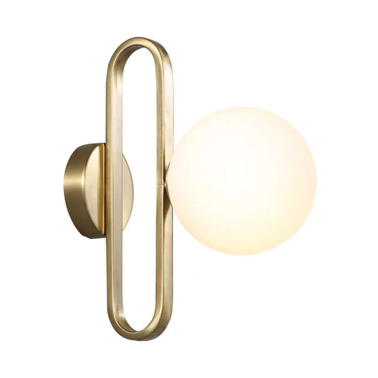 Opal Glass Sphere Sconce Light Simplicity Single Light Gold Wall Lighting Idea with Oblong Decor Clearhalo 'Cast Iron' 'Glass' 'Industrial' 'Modern wall lights' 'Modern' 'Tiffany' 'Traditional wall lights' 'Wall Lamps & Sconces' 'Wall Lights' Lighting' 1399316