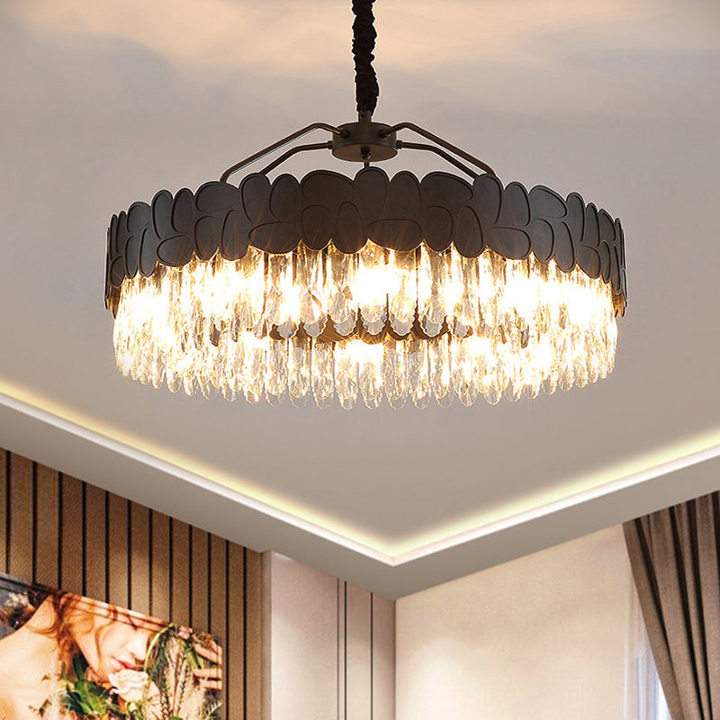 8 Bulbs Crystal Ovals Hanging Pendant Modern Black Circular Great Room Chandelier Lamp Black Clearhalo 'Ceiling Lights' 'Chandeliers' 'Modern Chandeliers' 'Modern' Lighting' 1399347