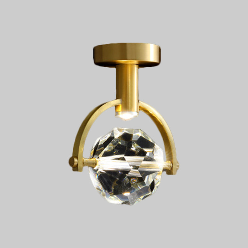 Beveled Hexahedron/Ball Clear Crystal Semi Flush Modern LED Porch Ceiling Mounted Light in Brass Clearhalo 'Ceiling Lights' 'Close To Ceiling Lights' 'Close to ceiling' 'Semi-flushmount' Lighting' 1399471