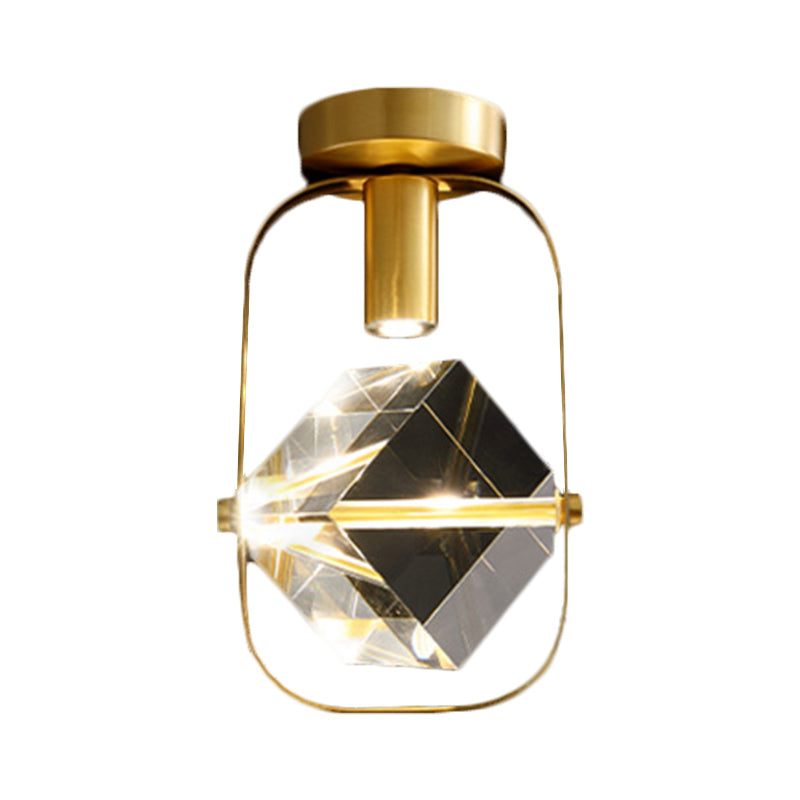 LED Ceiling Flush Mount Modern Rectangular Ring Crystal Cube Semi Flush Light Fixture in Brass Clearhalo 'Ceiling Lights' 'Close To Ceiling Lights' 'Close to ceiling' 'Semi-flushmount' Lighting' 1399485