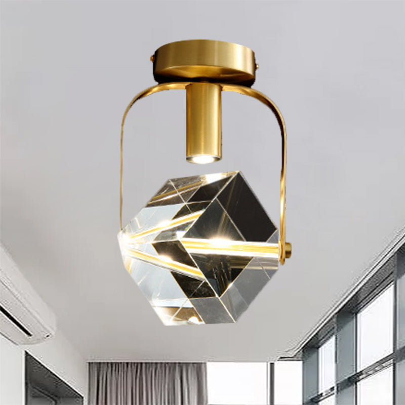 LED Ceiling Flush Mount Modern Rectangular Ring Crystal Cube Semi Flush Light Fixture in Brass Clearhalo 'Ceiling Lights' 'Close To Ceiling Lights' 'Close to ceiling' 'Semi-flushmount' Lighting' 1399488