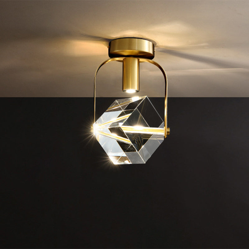 LED Ceiling Flush Mount Modern Rectangular Ring Crystal Cube Semi Flush Light Fixture in Brass Clearhalo 'Ceiling Lights' 'Close To Ceiling Lights' 'Close to ceiling' 'Semi-flushmount' Lighting' 1399489