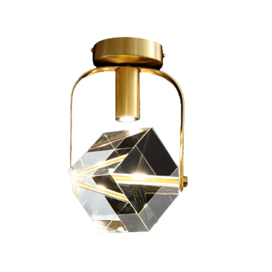 LED Ceiling Flush Mount Modern Rectangular Ring Crystal Cube Semi Flush Light Fixture in Brass Clearhalo 'Ceiling Lights' 'Close To Ceiling Lights' 'Close to ceiling' 'Semi-flushmount' Lighting' 1399490