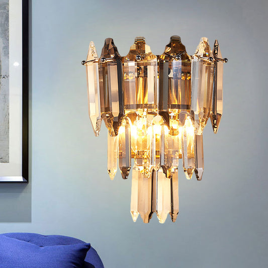 2 Heads Tapered Flush Wall Sconce Modern Gold Crystal Shuttles Wall Mount Light Fixture Clearhalo 'Modern wall lights' 'Modern' 'Wall Lamps & Sconces' 'Wall Lights' Lighting' 1399652