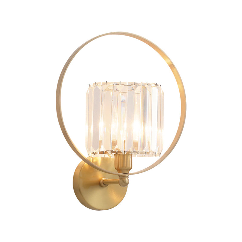 Clear Crystal Blocks Gold Wall Light Sconce Ring Frame 1 Bulb Contemporary Wall Mount Lamp Clearhalo 'Modern wall lights' 'Modern' 'Wall Lamps & Sconces' 'Wall Lights' Lighting' 1399678