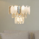 3 Heads Tapered Wall Sconce Light Modern Clear Crystal Wall Mounted Lamp with Golden and Acrylic Leaves Clear Clearhalo 'Modern wall lights' 'Modern' 'Wall Lamps & Sconces' 'Wall Lights' Lighting' 1399680