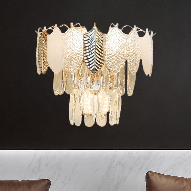 3 Heads Tapered Wall Sconce Light Modern Clear Crystal Wall Mounted Lamp with Golden and Acrylic Leaves Clearhalo 'Modern wall lights' 'Modern' 'Wall Lamps & Sconces' 'Wall Lights' Lighting' 1399681