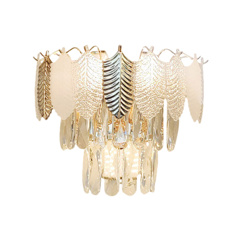 3 Heads Tapered Wall Sconce Light Modern Clear Crystal Wall Mounted Lamp with Golden and Acrylic Leaves Clearhalo 'Modern wall lights' 'Modern' 'Wall Lamps & Sconces' 'Wall Lights' Lighting' 1399682