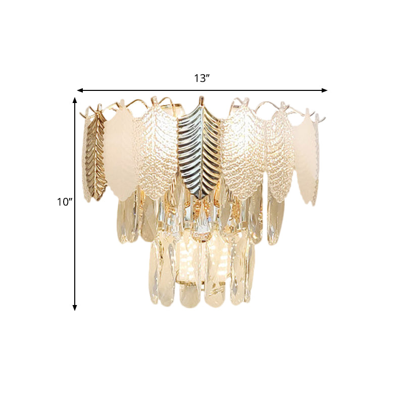 3 Heads Tapered Wall Sconce Light Modern Clear Crystal Wall Mounted Lamp with Golden and Acrylic Leaves Clearhalo 'Modern wall lights' 'Modern' 'Wall Lamps & Sconces' 'Wall Lights' Lighting' 1399683