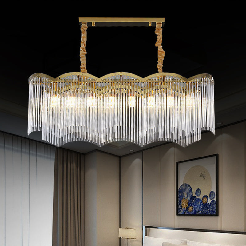 8 Bulbs Wavy Frame Island Lighting Contemporary Clear Crystal Tubes Pendant Light in Gold Clear Clearhalo 'Ceiling Lights' 'Island Lights' Lighting' 1399731
