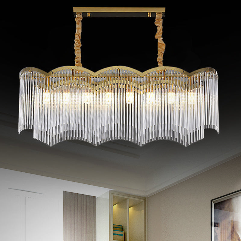 8 Bulbs Wavy Frame Island Lighting Contemporary Clear Crystal Tubes Pendant Light in Gold Clearhalo 'Ceiling Lights' 'Island Lights' Lighting' 1399732