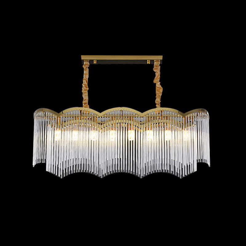 8 Bulbs Wavy Frame Island Lighting Contemporary Clear Crystal Tubes Pendant Light in Gold Clearhalo 'Ceiling Lights' 'Island Lights' Lighting' 1399733