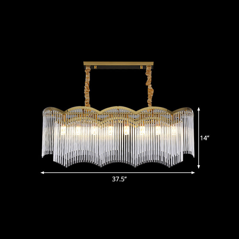 8 Bulbs Wavy Frame Island Lighting Contemporary Clear Crystal Tubes Pendant Light in Gold Clearhalo 'Ceiling Lights' 'Island Lights' Lighting' 1399734