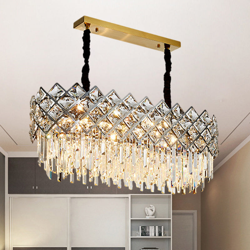 Contemporary Oval Shape Island Light Fixture 10 Bulbs Clear Crystal Prisms Ceiling Suspension Lamp Clearhalo 'Ceiling Lights' 'Island Lights' Lighting' 1399769