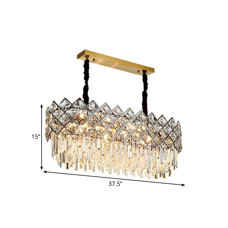 Contemporary Oval Shape Island Light Fixture 10 Bulbs Clear Crystal Prisms Ceiling Suspension Lamp Clearhalo 'Ceiling Lights' 'Island Lights' Lighting' 1399771