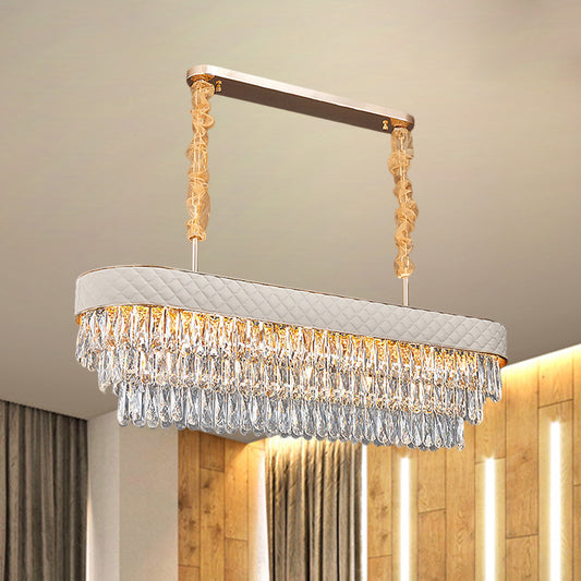 Drum Crystal Drops Island Lighting Modern 12 Heads Dinning Room Pendant with White Leatherwear Detail Clear Clearhalo 'Ceiling Lights' 'Island Lights' Lighting' 1399780