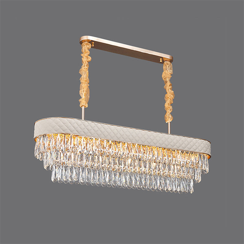 Drum Crystal Drops Island Lighting Modern 12 Heads Dinning Room Pendant with White Leatherwear Detail Clearhalo 'Ceiling Lights' 'Island Lights' Lighting' 1399782