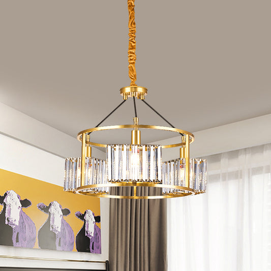 Crystal Blocks Clear Ceiling Chandelier Drum Metal Frame 3 Heads Modern Hanging Light Kit in Gold Clear Clearhalo 'Ceiling Lights' 'Chandeliers' 'Clear' 'Industrial' 'Modern Chandeliers' 'Modern' 'Tiffany' 'Traditional Chandeliers' Lighting' 1399848