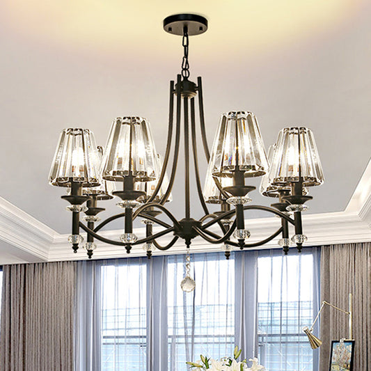 8 Heads Hanging Light Fixture Modern Swirled Arms Crystal Tapered Shade Chandelier in Black with Rounded Glass Ball Black Clearhalo 'Ceiling Lights' 'Chandeliers' 'Modern Chandeliers' 'Modern' Lighting' 1399894