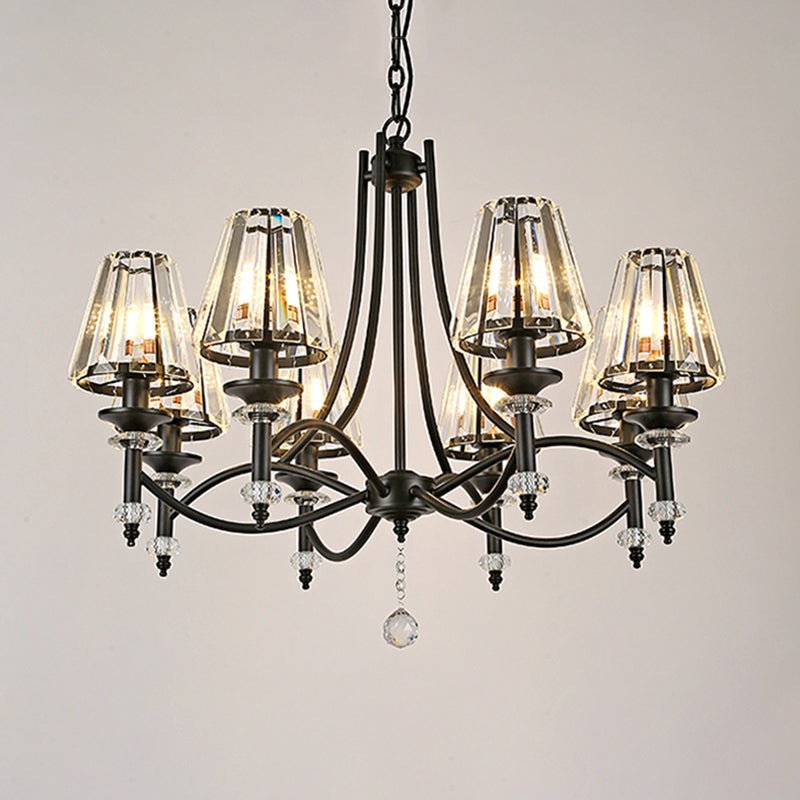 8 Heads Hanging Light Fixture Modern Swirled Arms Crystal Tapered Shade Chandelier in Black with Rounded Glass Ball Clearhalo 'Ceiling Lights' 'Chandeliers' 'Modern Chandeliers' 'Modern' Lighting' 1399896