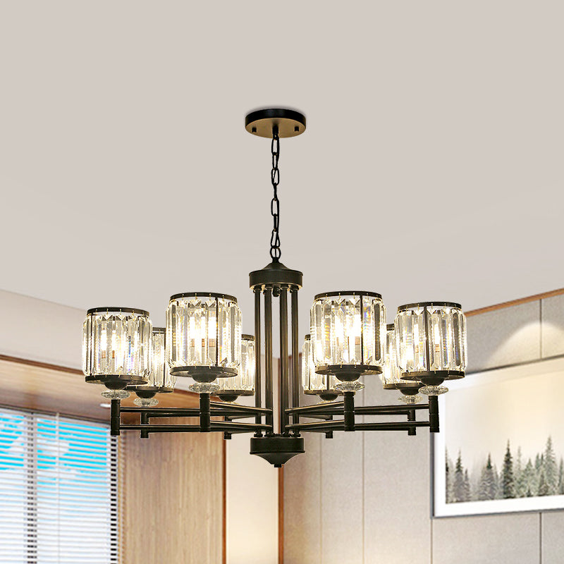 Metal Frame Parlour Pendant Light Modern Crystal Drum Shade 8 Heads Black/Gold Chandelier Lamp Black Clearhalo 'Ceiling Lights' 'Chandeliers' 'Modern Chandeliers' 'Modern' Lighting' 1399907