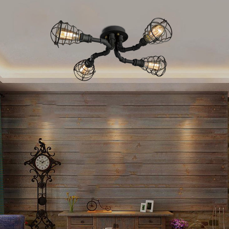 Black/Bronze 4/6/8 Bulbs Ceiling Lamp Farmhouse Metal Twisted Pipe Semi Flush Light Fixture for Restaurant 4 Black Clearhalo 'Ceiling Lights' 'Close To Ceiling Lights' 'Close to ceiling' 'Semi-flushmount' Lighting' 139992