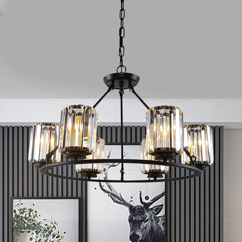 Contemporary Ring Ceiling Chandelier 6/8 Bulbs Clear Crystal Cylinder Shade Suspension Lamp in Black 6 Black Clearhalo 'Ceiling Lights' 'Chandeliers' 'Modern Chandeliers' 'Modern' Lighting' 1399929