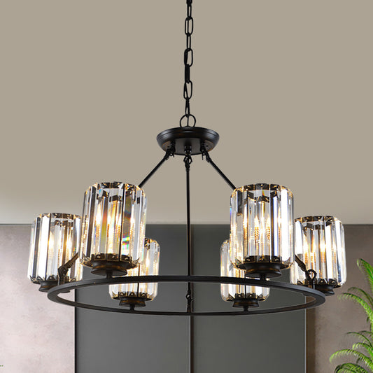 Contemporary Ring Ceiling Chandelier 6/8 Bulbs Clear Crystal Cylinder Shade Suspension Lamp in Black Clearhalo 'Ceiling Lights' 'Chandeliers' 'Modern Chandeliers' 'Modern' Lighting' 1399930