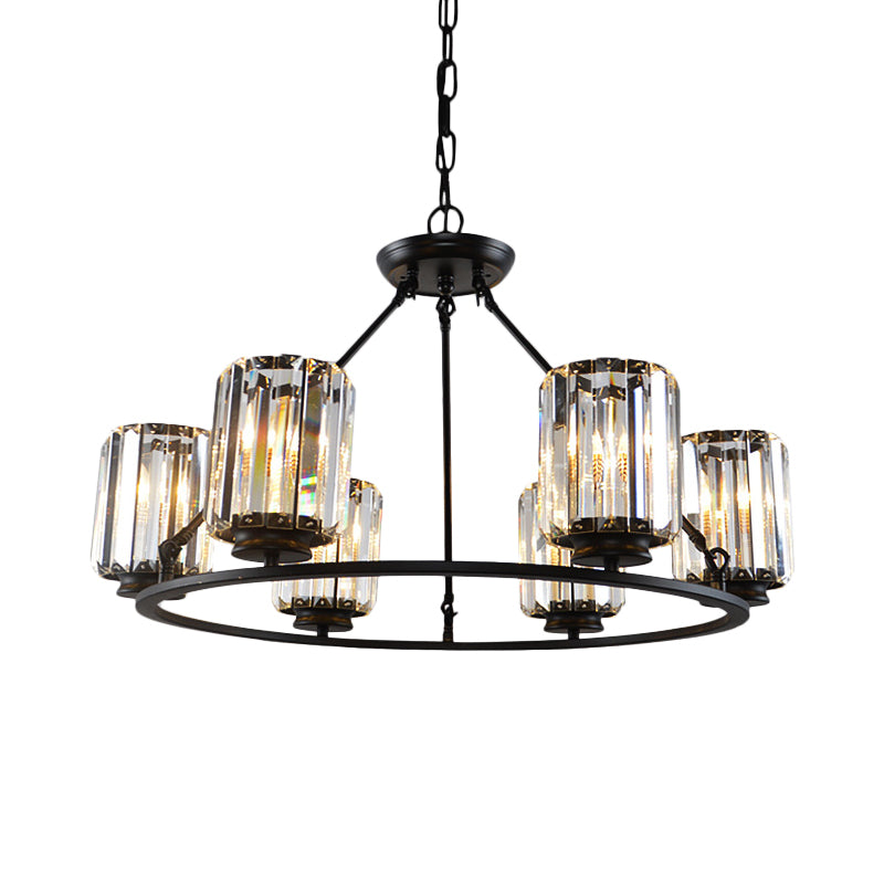 Contemporary Ring Ceiling Chandelier 6/8 Bulbs Clear Crystal Cylinder Shade Suspension Lamp in Black Clearhalo 'Ceiling Lights' 'Chandeliers' 'Modern Chandeliers' 'Modern' Lighting' 1399931