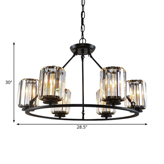 Contemporary Ring Ceiling Chandelier 6/8 Bulbs Clear Crystal Cylinder Shade Suspension Lamp in Black Clearhalo 'Ceiling Lights' 'Chandeliers' 'Modern Chandeliers' 'Modern' Lighting' 1399932