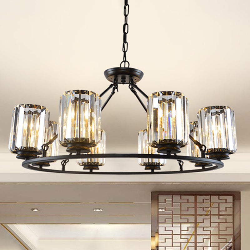 Contemporary Ring Ceiling Chandelier 6/8 Bulbs Clear Crystal Cylinder Shade Suspension Lamp in Black 8 Black Clearhalo 'Ceiling Lights' 'Chandeliers' 'Modern Chandeliers' 'Modern' Lighting' 1399933