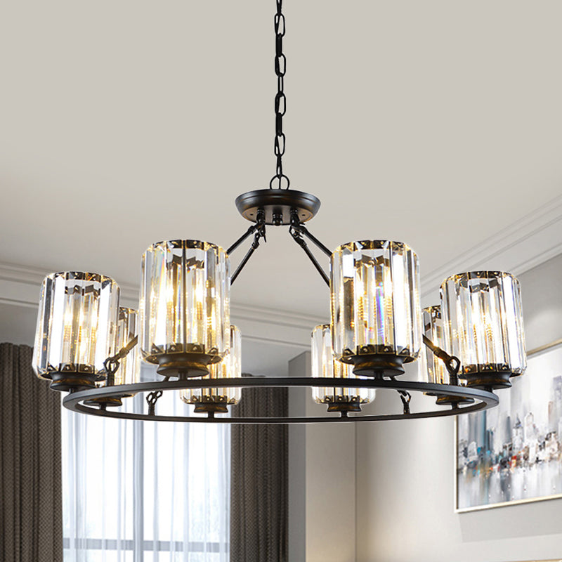 Contemporary Ring Ceiling Chandelier 6/8 Bulbs Clear Crystal Cylinder Shade Suspension Lamp in Black Clearhalo 'Ceiling Lights' 'Chandeliers' 'Modern Chandeliers' 'Modern' Lighting' 1399934