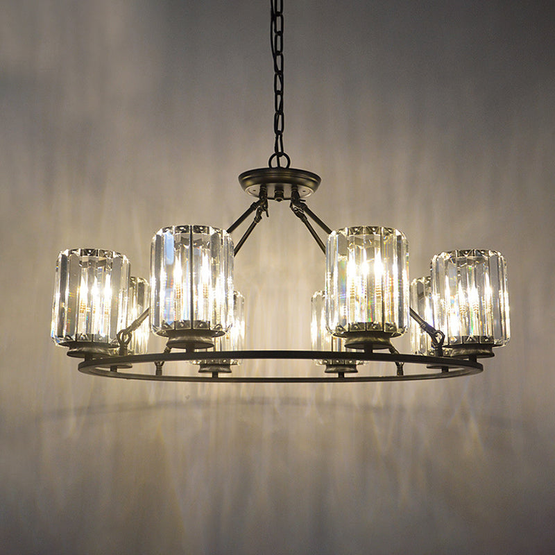 Contemporary Ring Ceiling Chandelier 6/8 Bulbs Clear Crystal Cylinder Shade Suspension Lamp in Black Clearhalo 'Ceiling Lights' 'Chandeliers' 'Modern Chandeliers' 'Modern' Lighting' 1399936