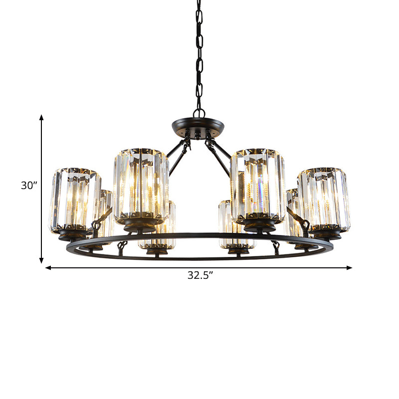 Contemporary Ring Ceiling Chandelier 6/8 Bulbs Clear Crystal Cylinder Shade Suspension Lamp in Black Clearhalo 'Ceiling Lights' 'Chandeliers' 'Modern Chandeliers' 'Modern' Lighting' 1399937