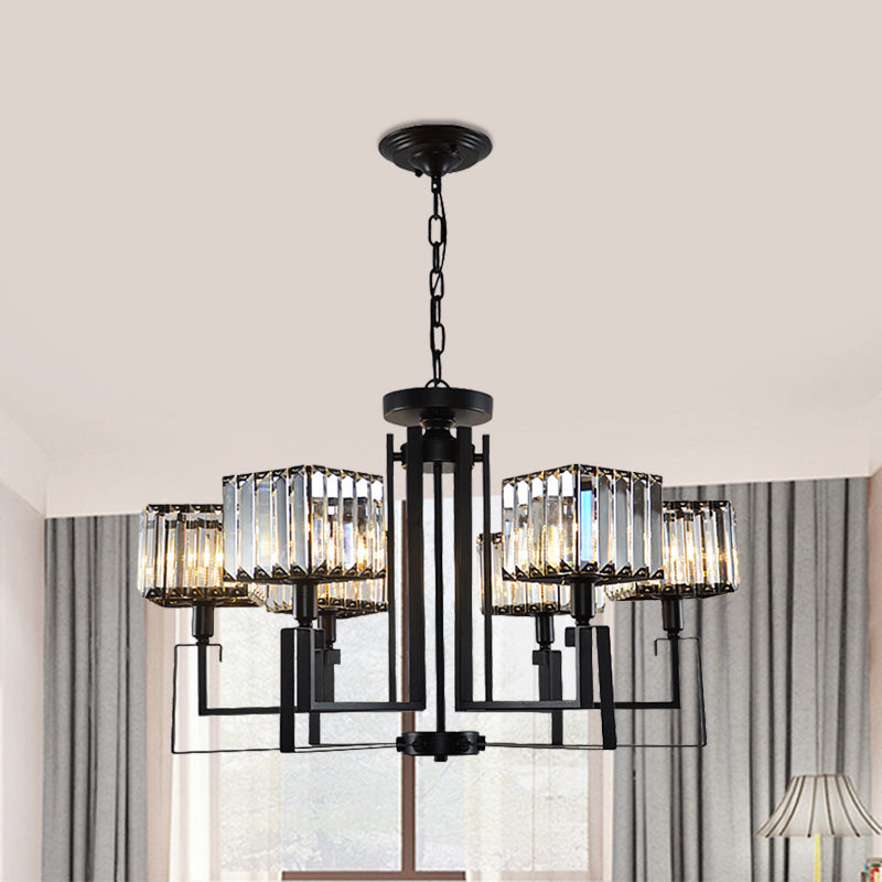 6/8 Heads Crooked Metal Frame Hanging Light Modern Black Clear Crystal Cubic Shade Chandelier Lighting 6 Black Clearhalo 'Ceiling Lights' 'Chandeliers' 'Modern Chandeliers' 'Modern' Lighting' 1399942