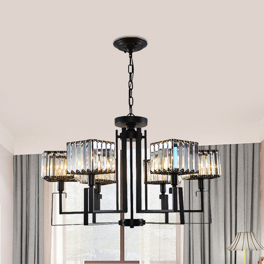 6/8 Heads Crooked Metal Frame Hanging Light Modern Black Clear Crystal Cubic Shade Chandelier Lighting 6 Black Clearhalo 'Ceiling Lights' 'Chandeliers' 'Modern Chandeliers' 'Modern' Lighting' 1399942