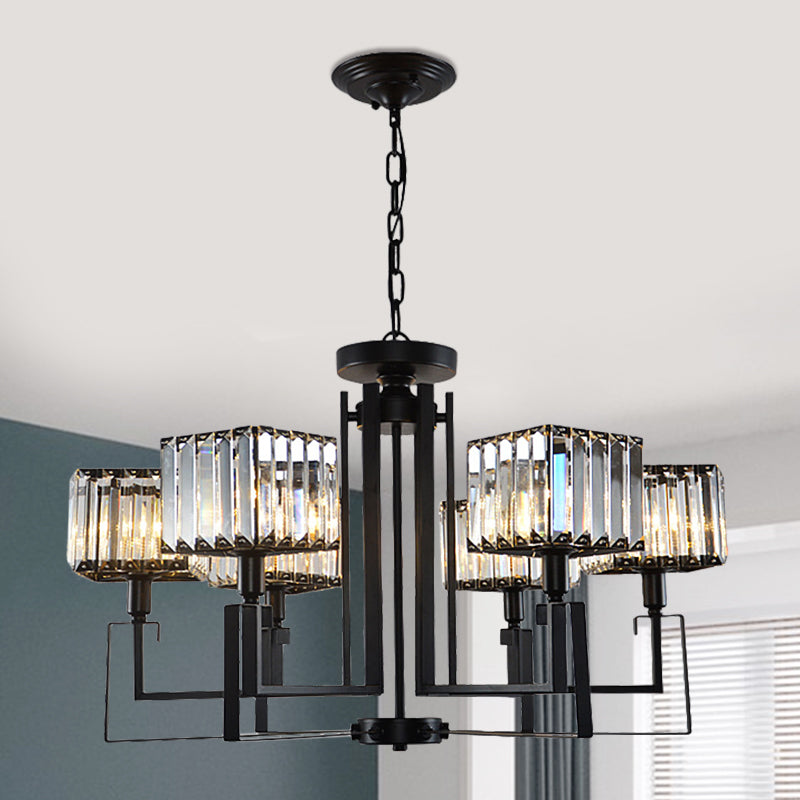 6/8 Heads Crooked Metal Frame Hanging Light Modern Black Clear Crystal Cubic Shade Chandelier Lighting Clearhalo 'Ceiling Lights' 'Chandeliers' 'Modern Chandeliers' 'Modern' Lighting' 1399943