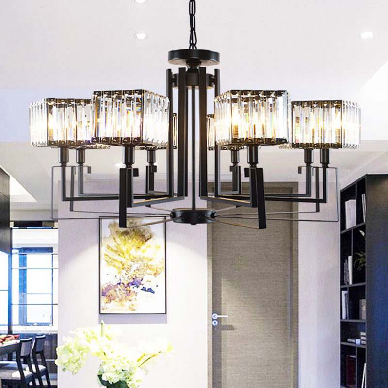 6/8 Heads Crooked Metal Frame Hanging Light Modern Black Clear Crystal Cubic Shade Chandelier Lighting 8 Black Clearhalo 'Ceiling Lights' 'Chandeliers' 'Modern Chandeliers' 'Modern' Lighting' 1399946