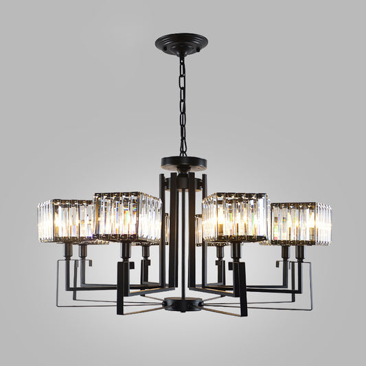6/8 Heads Crooked Metal Frame Hanging Light Modern Black Clear Crystal Cubic Shade Chandelier Lighting Clearhalo 'Ceiling Lights' 'Chandeliers' 'Modern Chandeliers' 'Modern' Lighting' 1399949