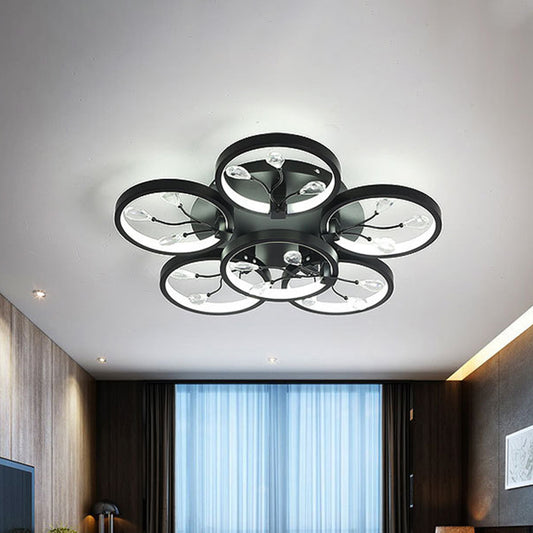 Crystal Raindrops Black/White Semi Flush Light Flower LED Contemporary Ceiling Mounted Fixture in White/Warm Light Black Clearhalo 'Ceiling Lights' 'Close To Ceiling Lights' 'Close to ceiling' 'Semi-flushmount' Lighting' 1399960