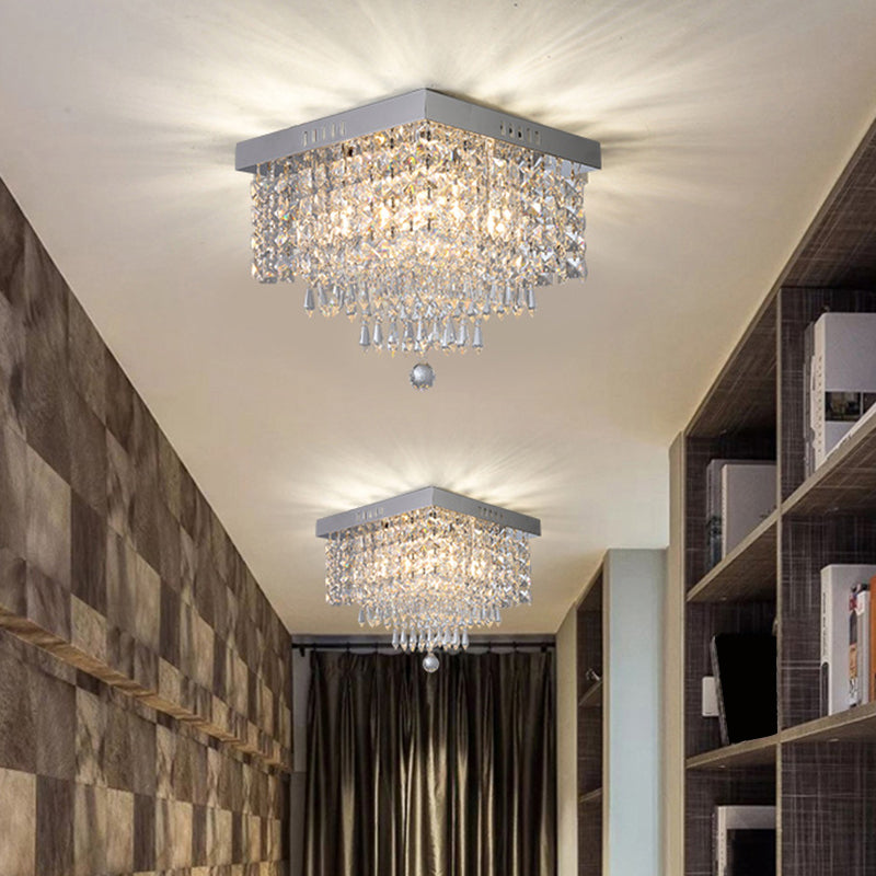 Square Corridor Ceiling Fixture Contemporary Crystal Beads 2/4 Heads Clear Flush Mount Lighting, 10"/12" Width Clear Clearhalo 'Ceiling Lights' 'Close To Ceiling Lights' 'Close to ceiling' 'Flush mount' Lighting' 1400035