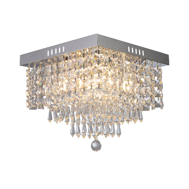 Square Corridor Ceiling Fixture Contemporary Crystal Beads 2/4 Heads Clear Flush Mount Lighting, 10"/12" Width Clearhalo 'Ceiling Lights' 'Close To Ceiling Lights' 'Close to ceiling' 'Flush mount' Lighting' 1400037