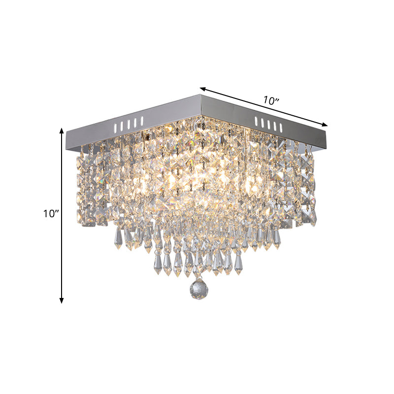 Square Corridor Ceiling Fixture Contemporary Crystal Beads 2/4 Heads Clear Flush Mount Lighting, 10"/12" Width Clearhalo 'Ceiling Lights' 'Close To Ceiling Lights' 'Close to ceiling' 'Flush mount' Lighting' 1400038