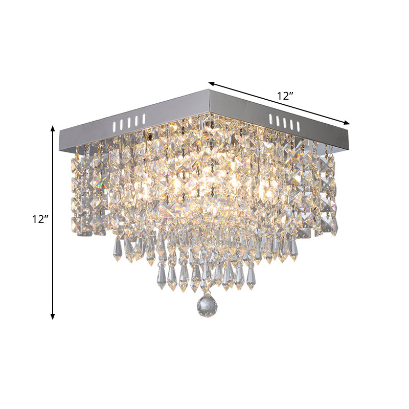 Square Corridor Ceiling Fixture Contemporary Crystal Beads 2/4 Heads Clear Flush Mount Lighting, 10"/12" Width Clearhalo 'Ceiling Lights' 'Close To Ceiling Lights' 'Close to ceiling' 'Flush mount' Lighting' 1400039