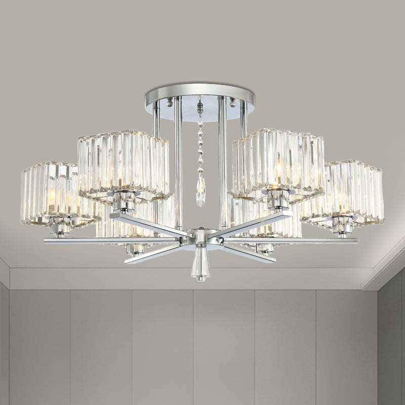 6/8 Bulbs Semi Flush Chandelier with Radial Design Modern Clear Crystal Cubic Shade Ceiling Lighting Clearhalo 'Ceiling Lights' 'Close To Ceiling Lights' 'Close to ceiling' 'Semi-flushmount' Lighting' 1400079