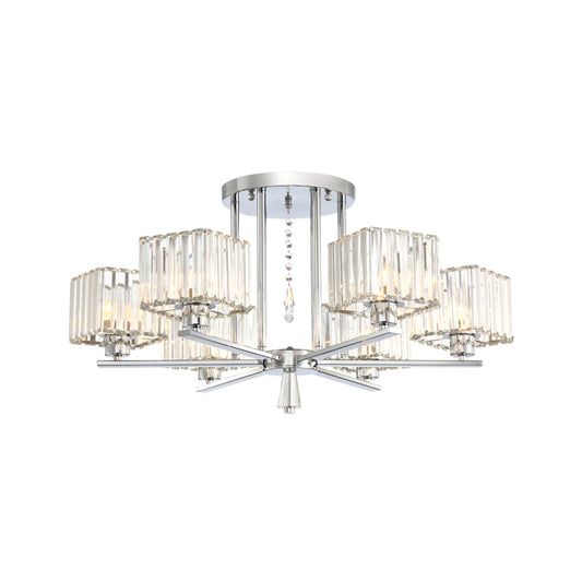 6/8 Bulbs Semi Flush Chandelier with Radial Design Modern Clear Crystal Cubic Shade Ceiling Lighting Clearhalo 'Ceiling Lights' 'Close To Ceiling Lights' 'Close to ceiling' 'Semi-flushmount' Lighting' 1400080