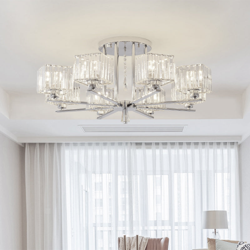 6/8 Bulbs Semi Flush Chandelier with Radial Design Modern Clear Crystal Cubic Shade Ceiling Lighting Clearhalo 'Ceiling Lights' 'Close To Ceiling Lights' 'Close to ceiling' 'Semi-flushmount' Lighting' 1400083