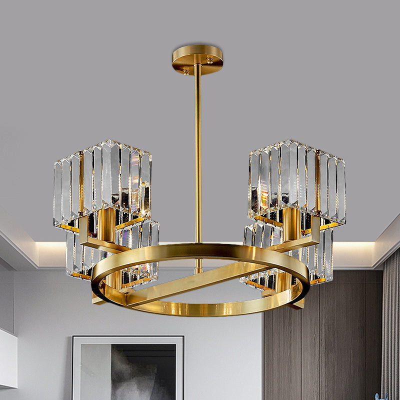 4/6 Bulbs Ring Frame Semi Flush Chandelier Modern Clear Crystal Cubic Shade Flush Mount Lighting in Gold Clearhalo 'Ceiling Lights' 'Close To Ceiling Lights' 'Close to ceiling' 'Semi-flushmount' Lighting' 1400111